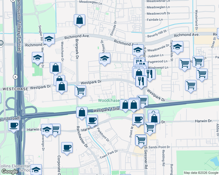 map of restaurants, bars, coffee shops, grocery stores, and more near 10075 Westpark Drive in Houston