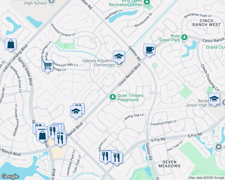map of restaurants, bars, coffee shops, grocery stores, and more near 26319 Bending Pines Lane in Katy