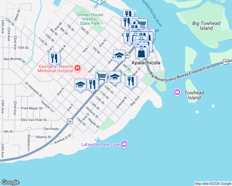 map of restaurants, bars, coffee shops, grocery stores, and more near 111 Avenue C in Apalachicola