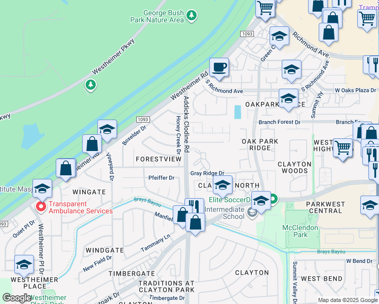 map of restaurants, bars, coffee shops, grocery stores, and more near 3403 Honey Creek Drive in Houston