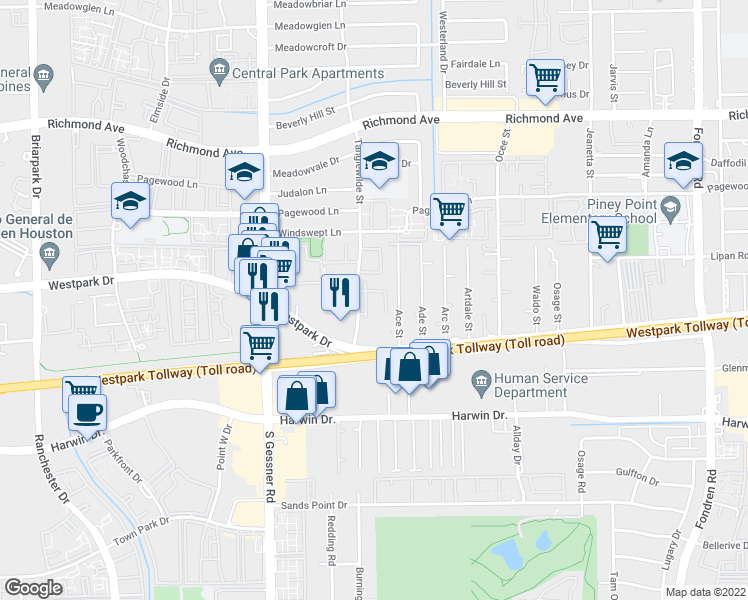 map of restaurants, bars, coffee shops, grocery stores, and more near 107 Tanglewilde Street in Houston