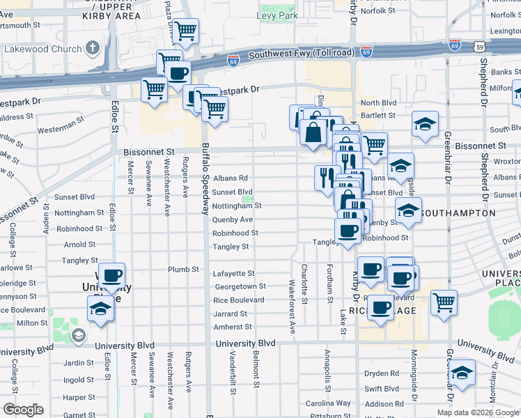 map of restaurants, bars, coffee shops, grocery stores, and more near 2918 Nottingham Street in Houston