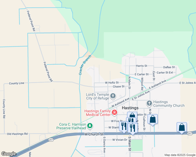 map of restaurants, bars, coffee shops, grocery stores, and more near 613 Pompey Miller Street in Hastings