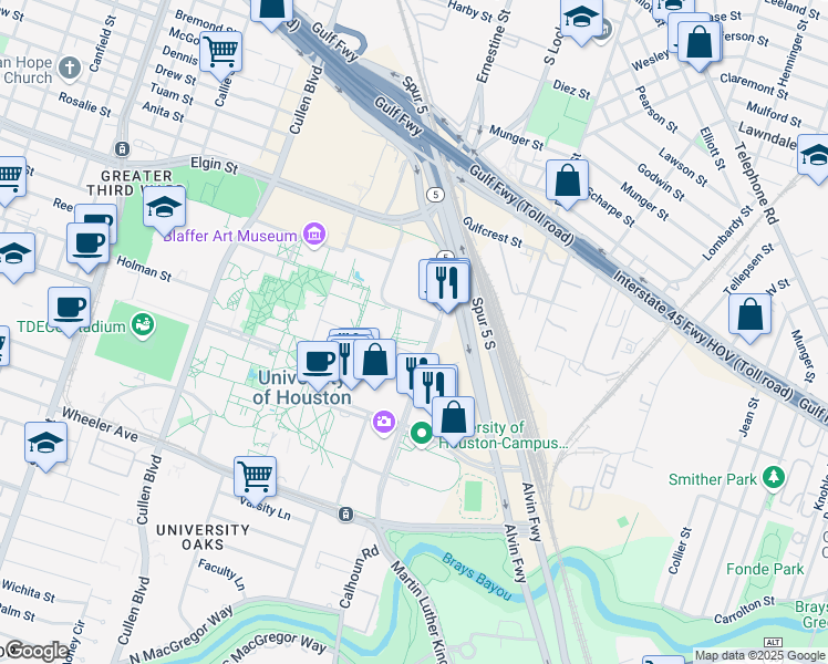 map of restaurants, bars, coffee shops, grocery stores, and more near 4700 Calhoun Road in Houston