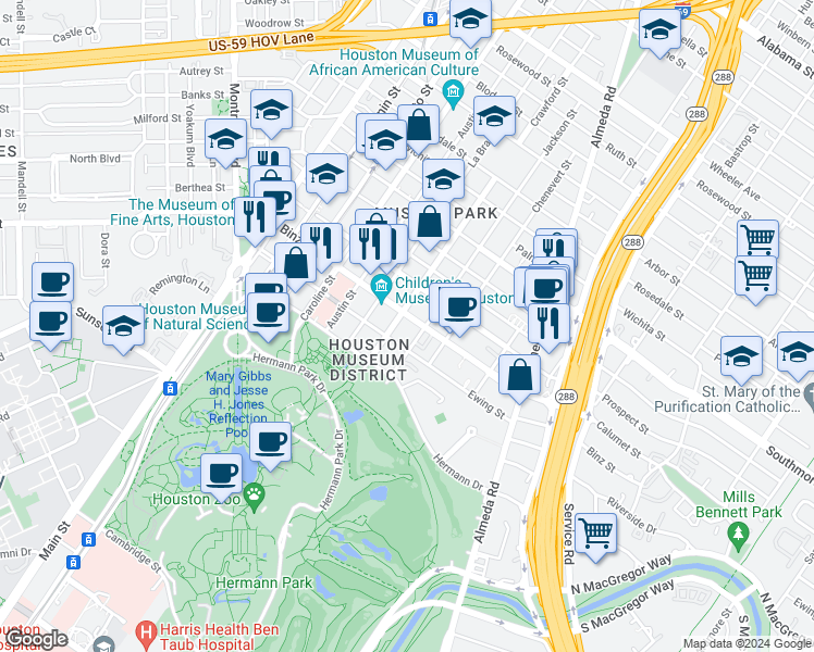map of restaurants, bars, coffee shops, grocery stores, and more near 1500 Binz Street in Houston