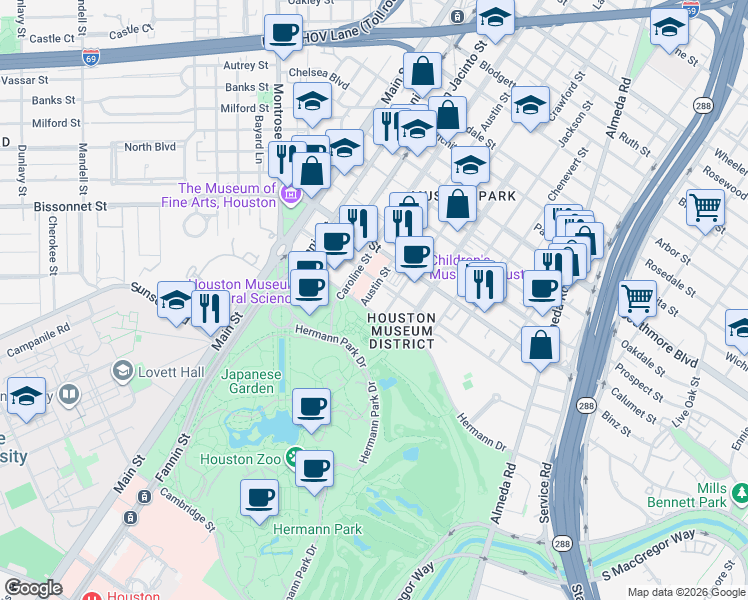 map of restaurants, bars, coffee shops, grocery stores, and more near 1433 Ewing Street in Houston