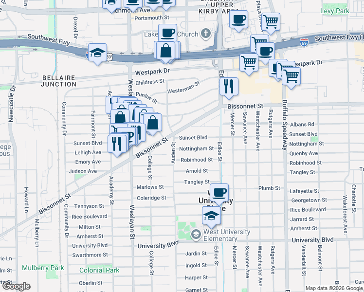 map of restaurants, bars, coffee shops, grocery stores, and more near 3777 Sunset Boulevard in Houston