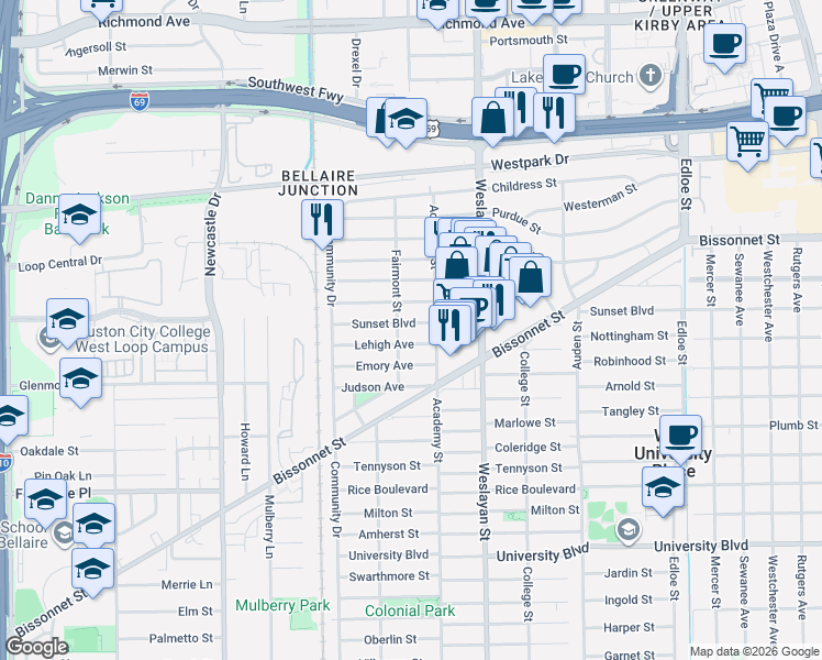 map of restaurants, bars, coffee shops, grocery stores, and more near 4112 Sunset Boulevard in Houston