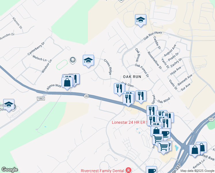 map of restaurants, bars, coffee shops, grocery stores, and more near 219 Autumn Oak in New Braunfels
