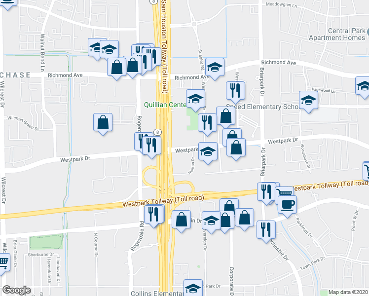 map of restaurants, bars, coffee shops, grocery stores, and more near 10580 Westpark Drive in Houston