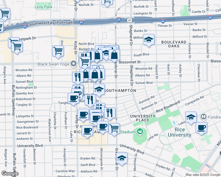 map of restaurants, bars, coffee shops, grocery stores, and more near 2309 Sunset Boulevard in Houston