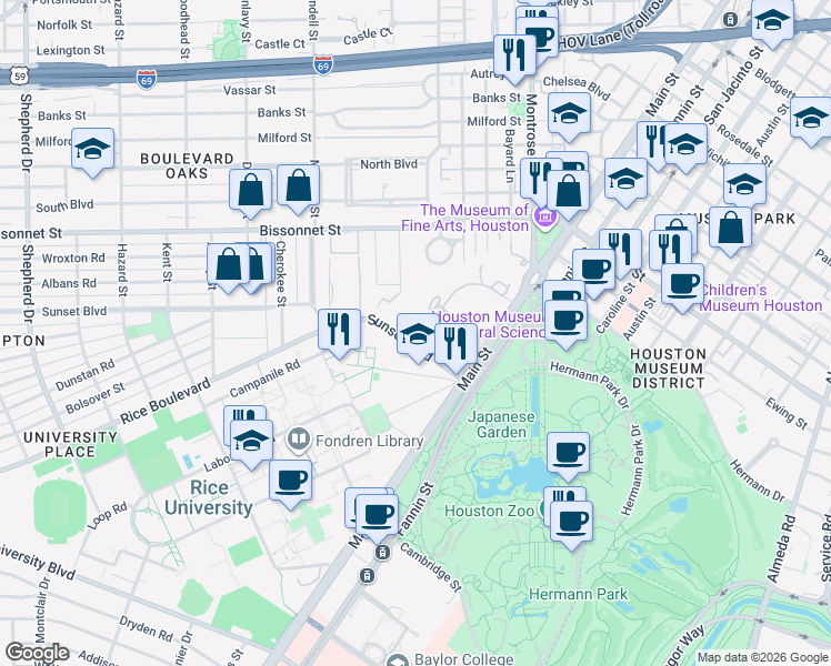 map of restaurants, bars, coffee shops, grocery stores, and more near 14 Remington Lane in Houston