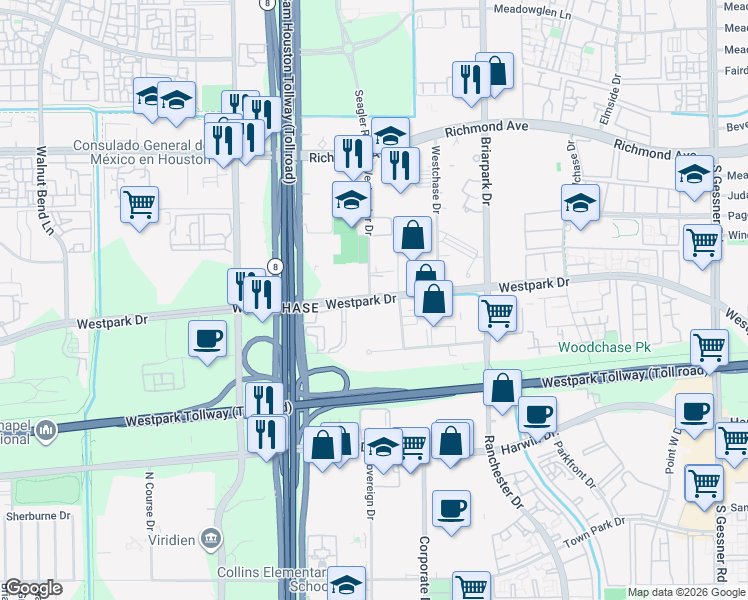map of restaurants, bars, coffee shops, grocery stores, and more near Westpark Drive in Houston