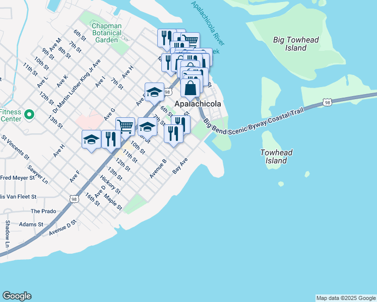 map of restaurants, bars, coffee shops, grocery stores, and more near 12 7th Street in Apalachicola