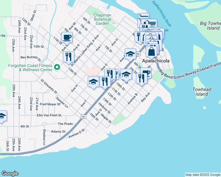 map of restaurants, bars, coffee shops, grocery stores, and more near 78 Orange Street in Apalachicola