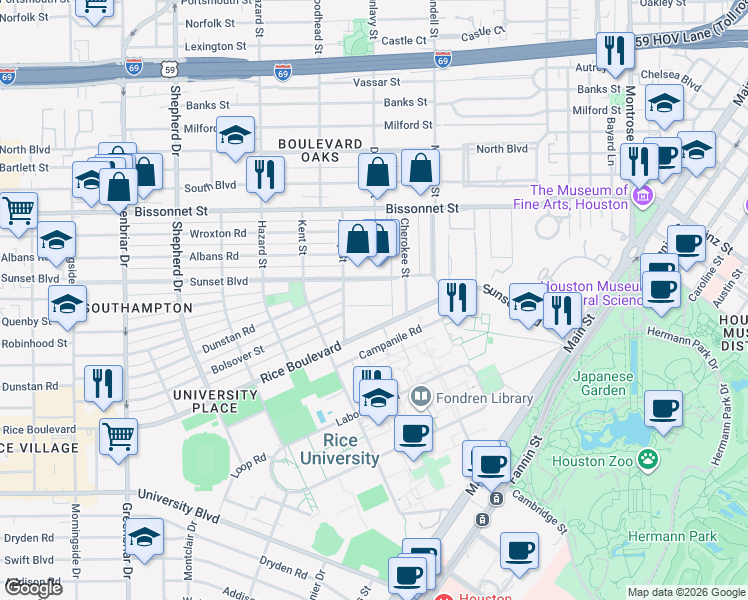 map of restaurants, bars, coffee shops, grocery stores, and more near 1707 Sunset Boulevard in Houston