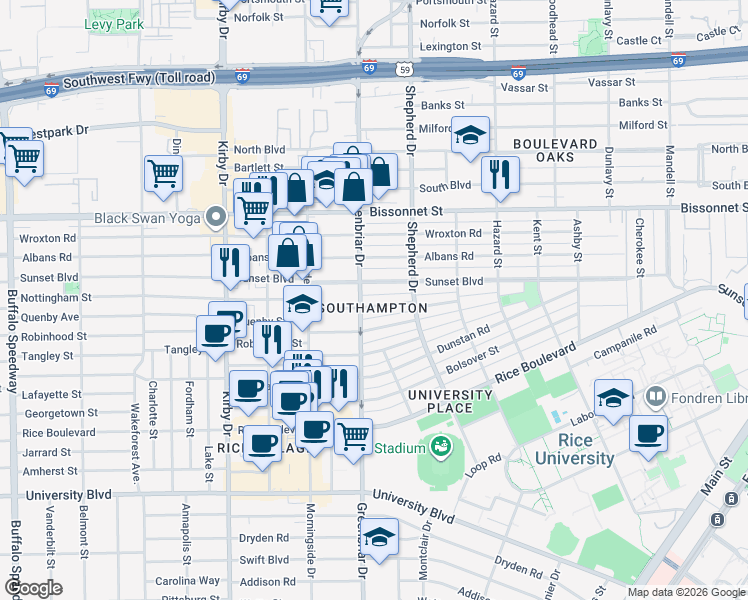 map of restaurants, bars, coffee shops, grocery stores, and more near 2240 Quenby Street in Houston