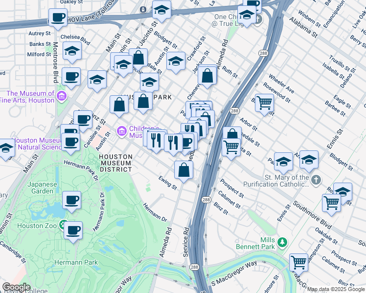 map of restaurants, bars, coffee shops, grocery stores, and more near 1916 Prospect Street in Houston