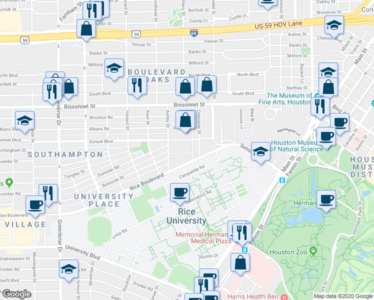 map of restaurants, bars, coffee shops, grocery stores, and more near 1707 Sunset Boulevard in Houston