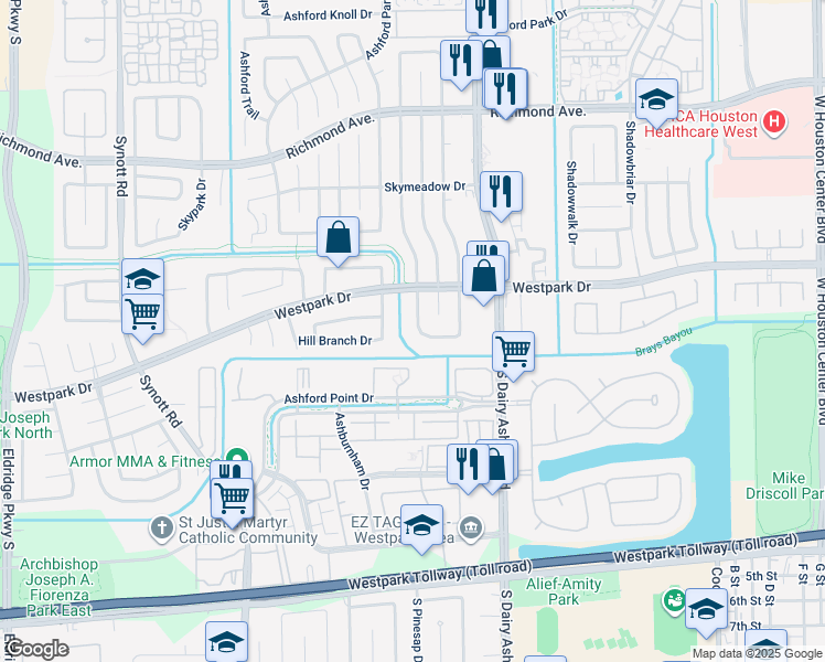 map of restaurants, bars, coffee shops, grocery stores, and more near 3522 Ashfield Drive in Houston