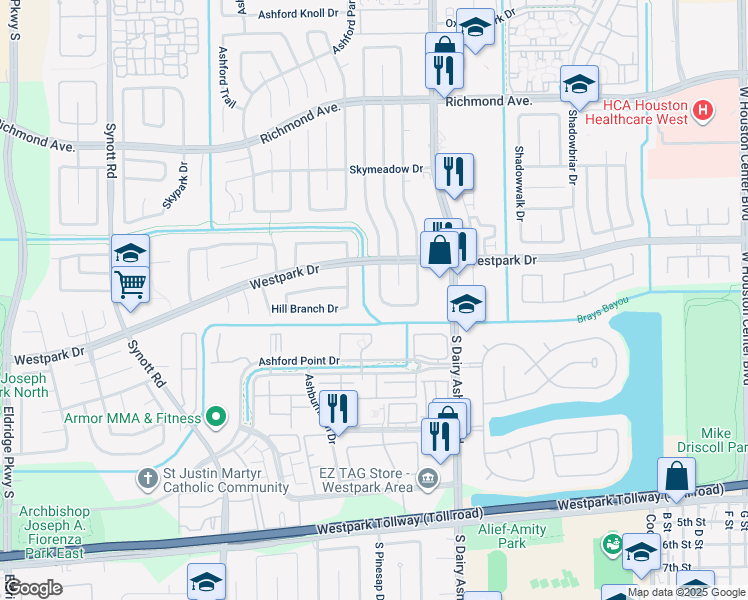 map of restaurants, bars, coffee shops, grocery stores, and more near 3522 Ashfield Drive in Houston