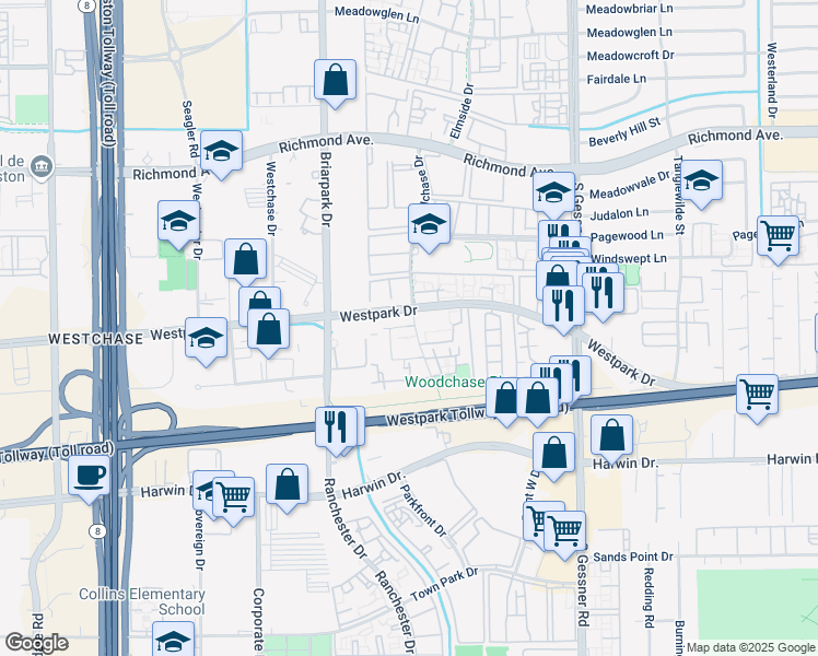 map of restaurants, bars, coffee shops, grocery stores, and more near 10102 Woodchase Drive in Houston