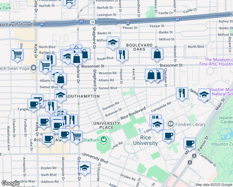 map of restaurants, bars, coffee shops, grocery stores, and more near 2018 Quenby Street in Houston