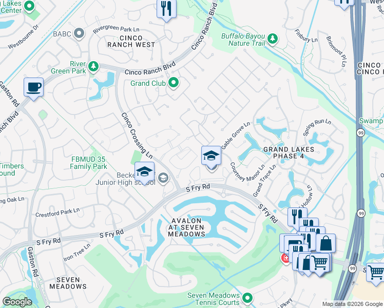 map of restaurants, bars, coffee shops, grocery stores, and more near 25207 Bentley Glen Lane in Katy