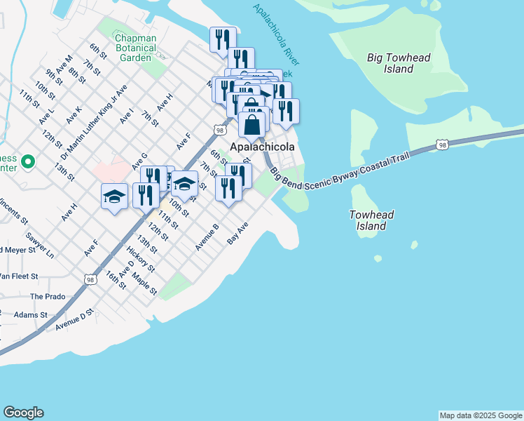 map of restaurants, bars, coffee shops, grocery stores, and more near 12 7th Street in Apalachicola