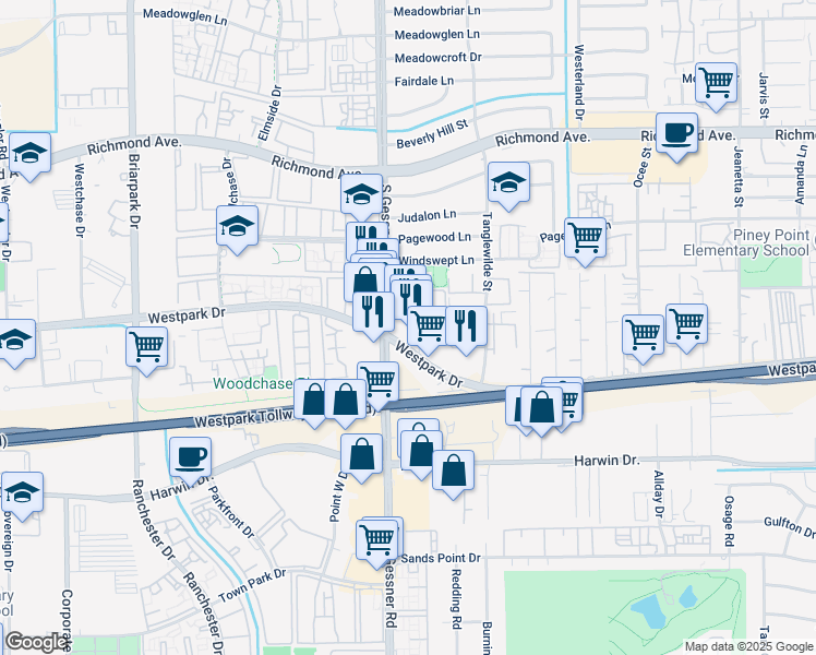 map of restaurants, bars, coffee shops, grocery stores, and more near 3900 South Gessner Road in Houston