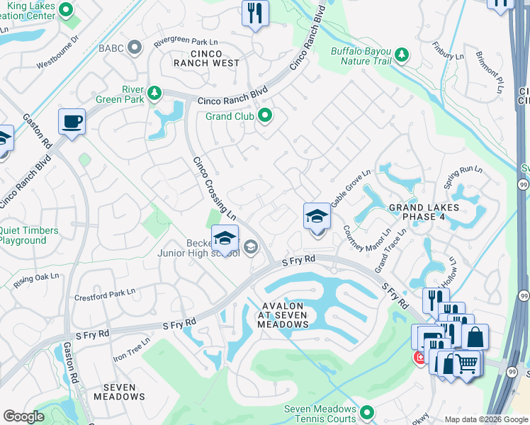 map of restaurants, bars, coffee shops, grocery stores, and more near 25250 Finchgrove Lane in Katy