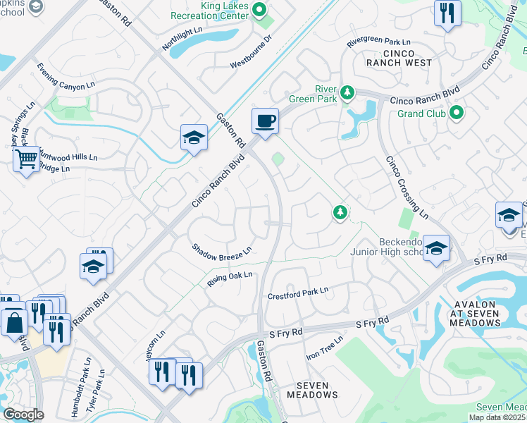 map of restaurants, bars, coffee shops, grocery stores, and more near 26107 Green Stem Path in Katy