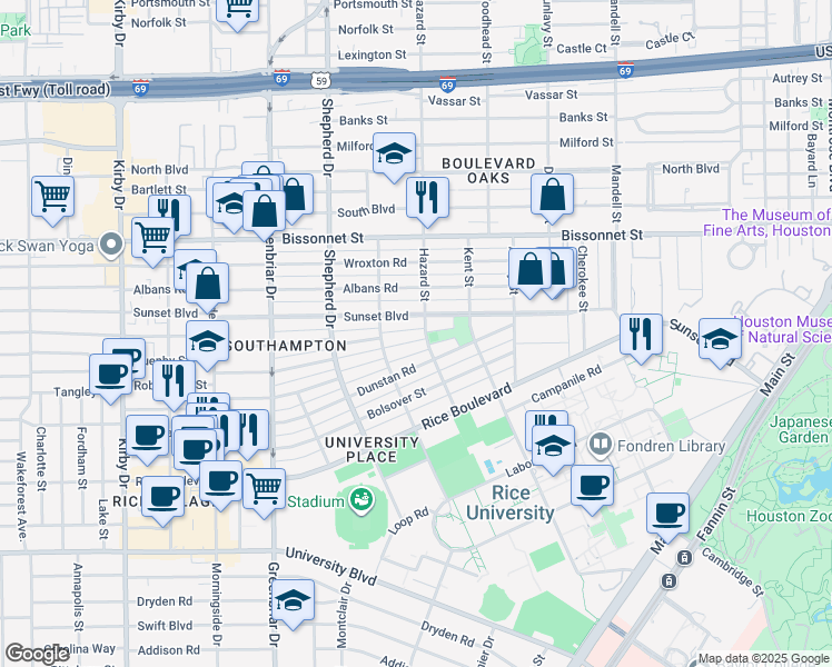 map of restaurants, bars, coffee shops, grocery stores, and more near 2018 Quenby Street in Houston