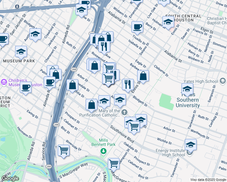 map of restaurants, bars, coffee shops, grocery stores, and more near 4804 Delano Street in Houston