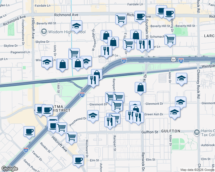 map of restaurants, bars, coffee shops, grocery stores, and more near 5401 Rampart Street in Houston