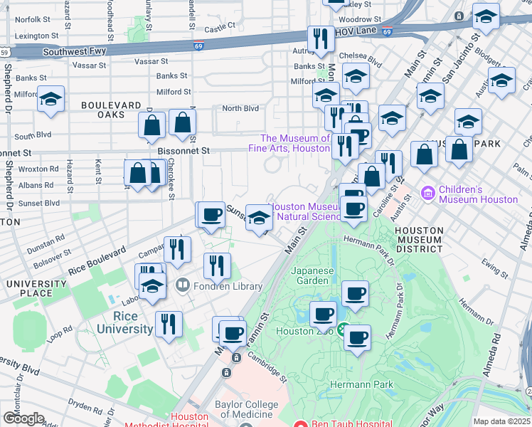 map of restaurants, bars, coffee shops, grocery stores, and more near 2 Remington Lane in Houston