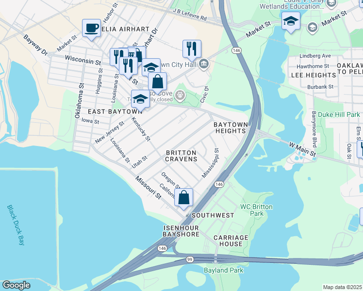 map of restaurants, bars, coffee shops, grocery stores, and more near 1806 Alabama Street in Baytown