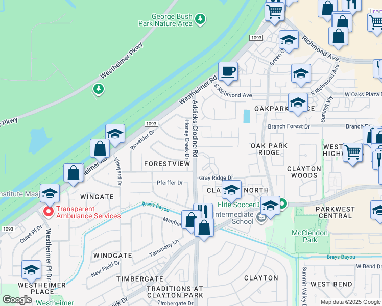 map of restaurants, bars, coffee shops, grocery stores, and more near 3403 Honey Creek Drive in Houston