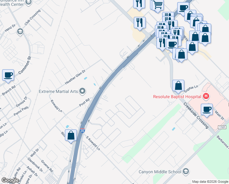 map of restaurants, bars, coffee shops, grocery stores, and more near 1990 Interstate Highway 35 South in New Braunfels