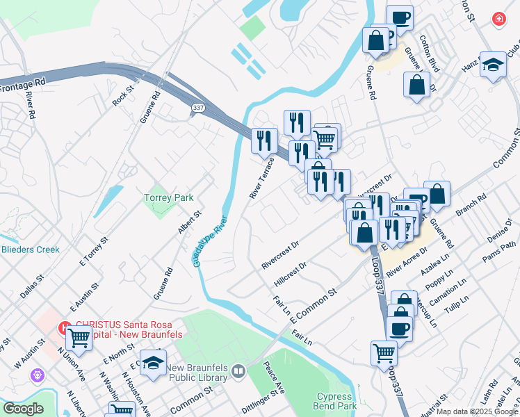 map of restaurants, bars, coffee shops, grocery stores, and more near 1202 Hanz Drive in New Braunfels