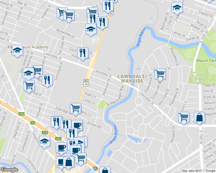 map of restaurants, bars, coffee shops, grocery stores, and more near 6703 Fairfield Street in Houston