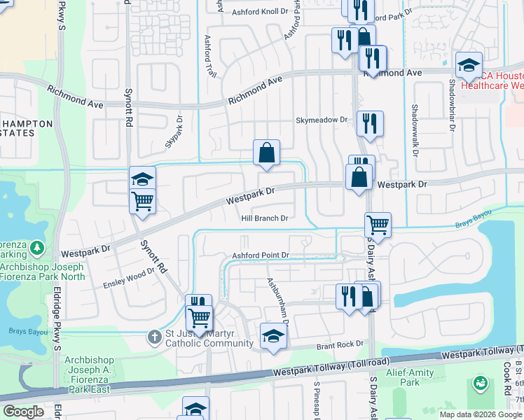 map of restaurants, bars, coffee shops, grocery stores, and more near 12809 Sunset Dune Drive in Houston
