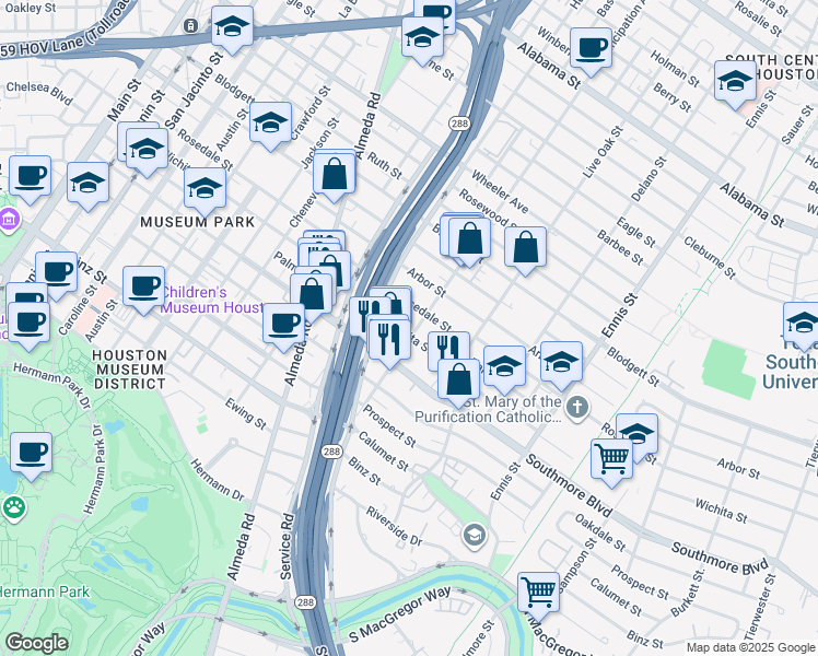 map of restaurants, bars, coffee shops, grocery stores, and more near 2317 Wichita Street in Houston