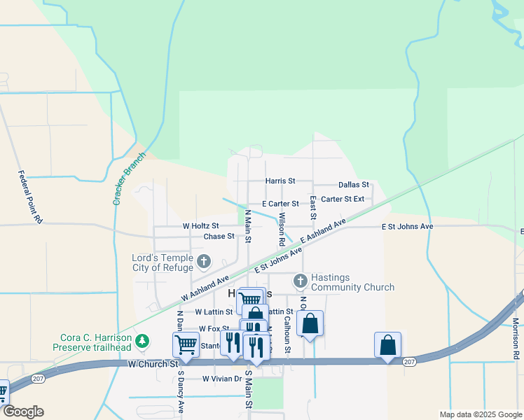 map of restaurants, bars, coffee shops, grocery stores, and more near 201 East Carter Street in Hastings