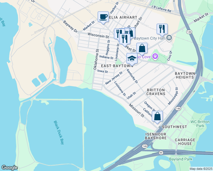 map of restaurants, bars, coffee shops, grocery stores, and more near 2328 New Jersey Street in Baytown