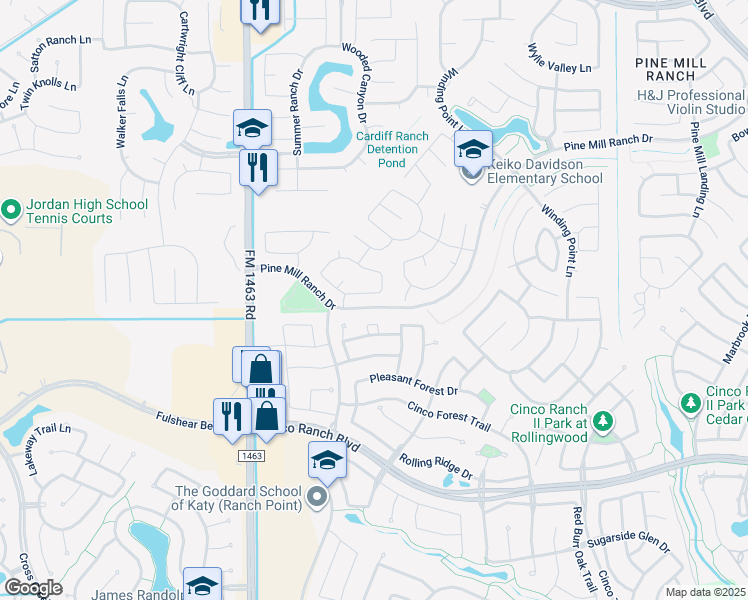 map of restaurants, bars, coffee shops, grocery stores, and more near 27115 Naples Run Lane in Katy