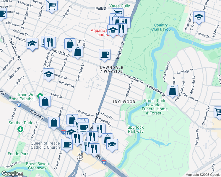 map of restaurants, bars, coffee shops, grocery stores, and more near 6611 Wildwood Way in Houston