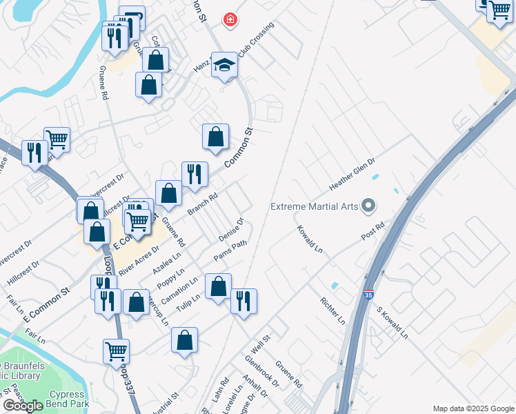 map of restaurants, bars, coffee shops, grocery stores, and more near 510 Kellys Way in New Braunfels