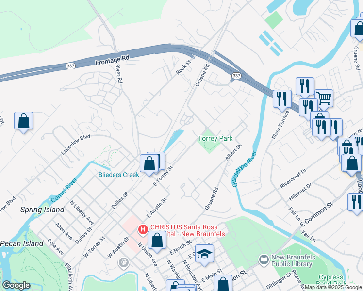 map of restaurants, bars, coffee shops, grocery stores, and more near 575 East Torrey Street in New Braunfels