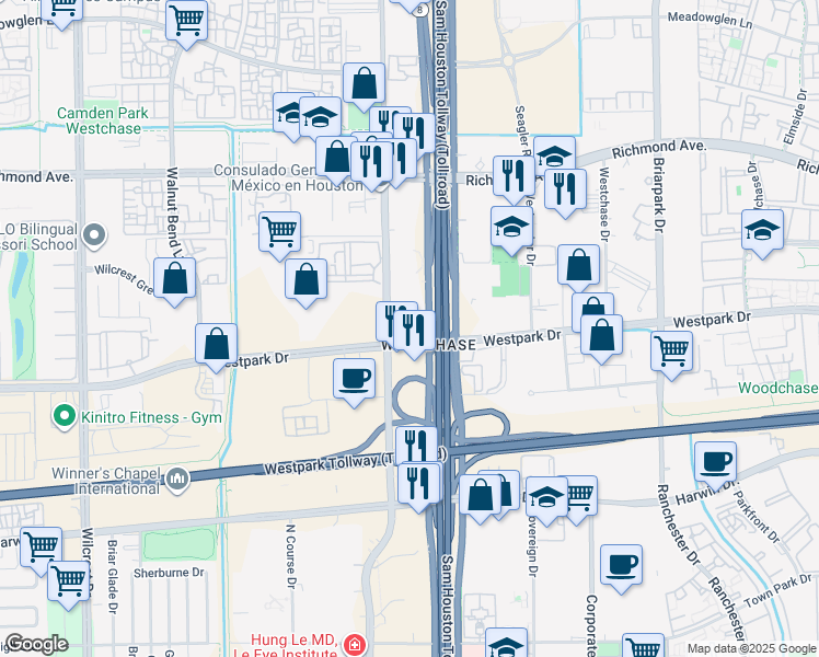 map of restaurants, bars, coffee shops, grocery stores, and more near 10610 Westpark Drive in Houston
